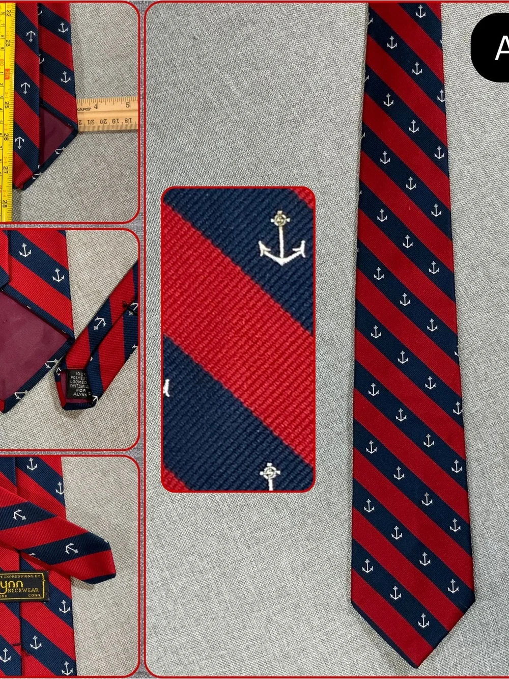 Alynn Neckwear Red Navy Repp Stripe Anchor Necktie Nautical